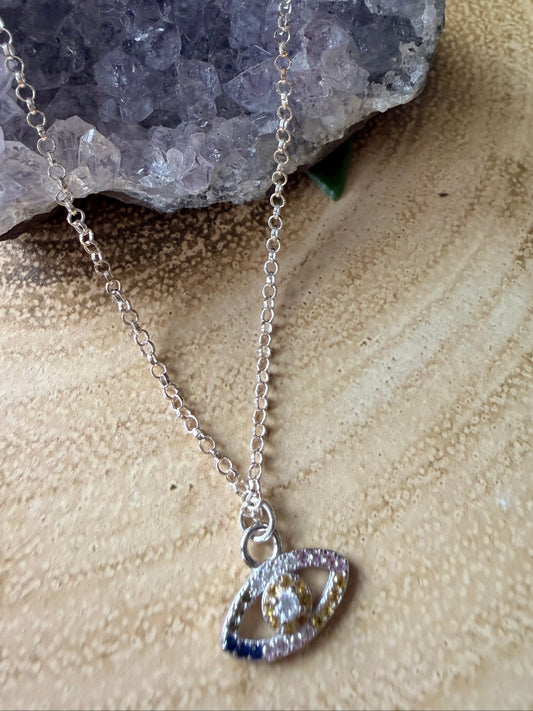 Sterling Silver Pastel Cubic Zirconia Protective Eye Necklace