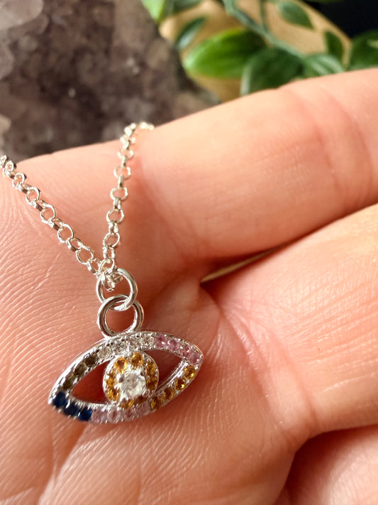Sterling Silver Pastel Cubic Zirconia Protective Eye Necklace