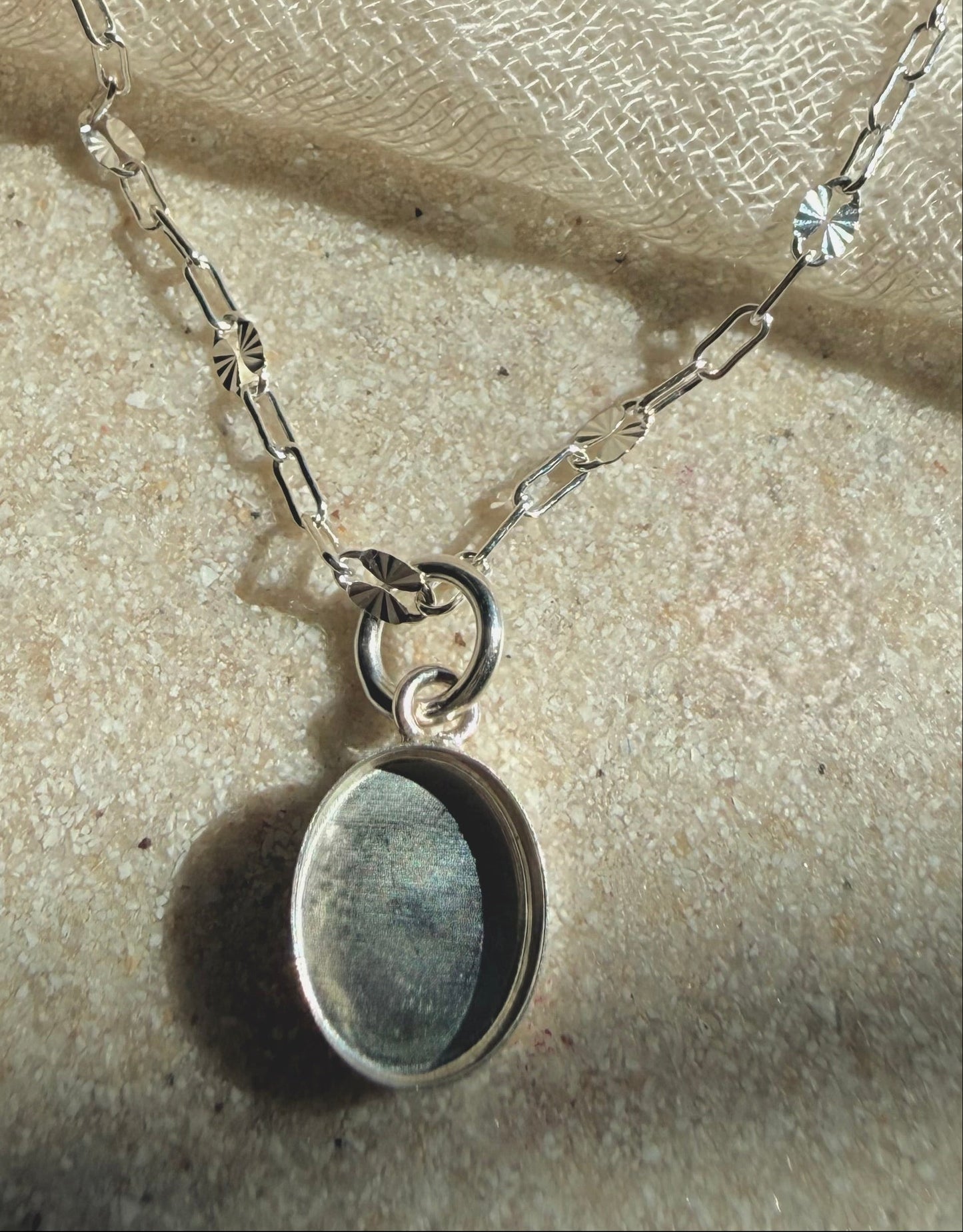 Sterling Silver Oval Memorial Pendant with Sterling Silver Sunburst Chain