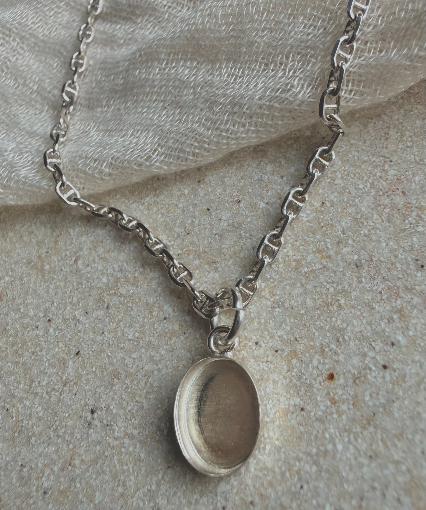 Sterling Silver Oval Memorial Necklace with Silver Mariner Chain